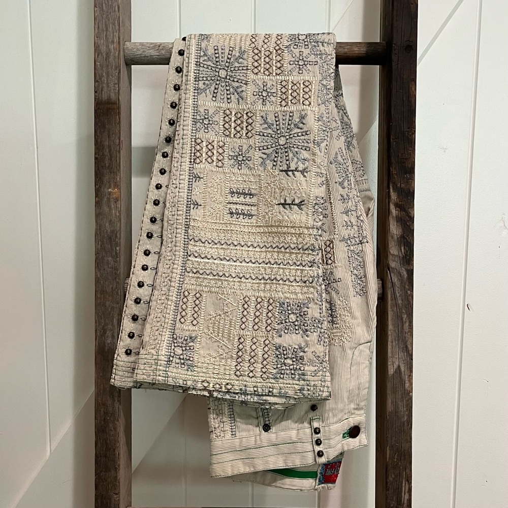 Johnny Was “Two-Ten-Ten-Five” Embroidered + Studded corduroy pants